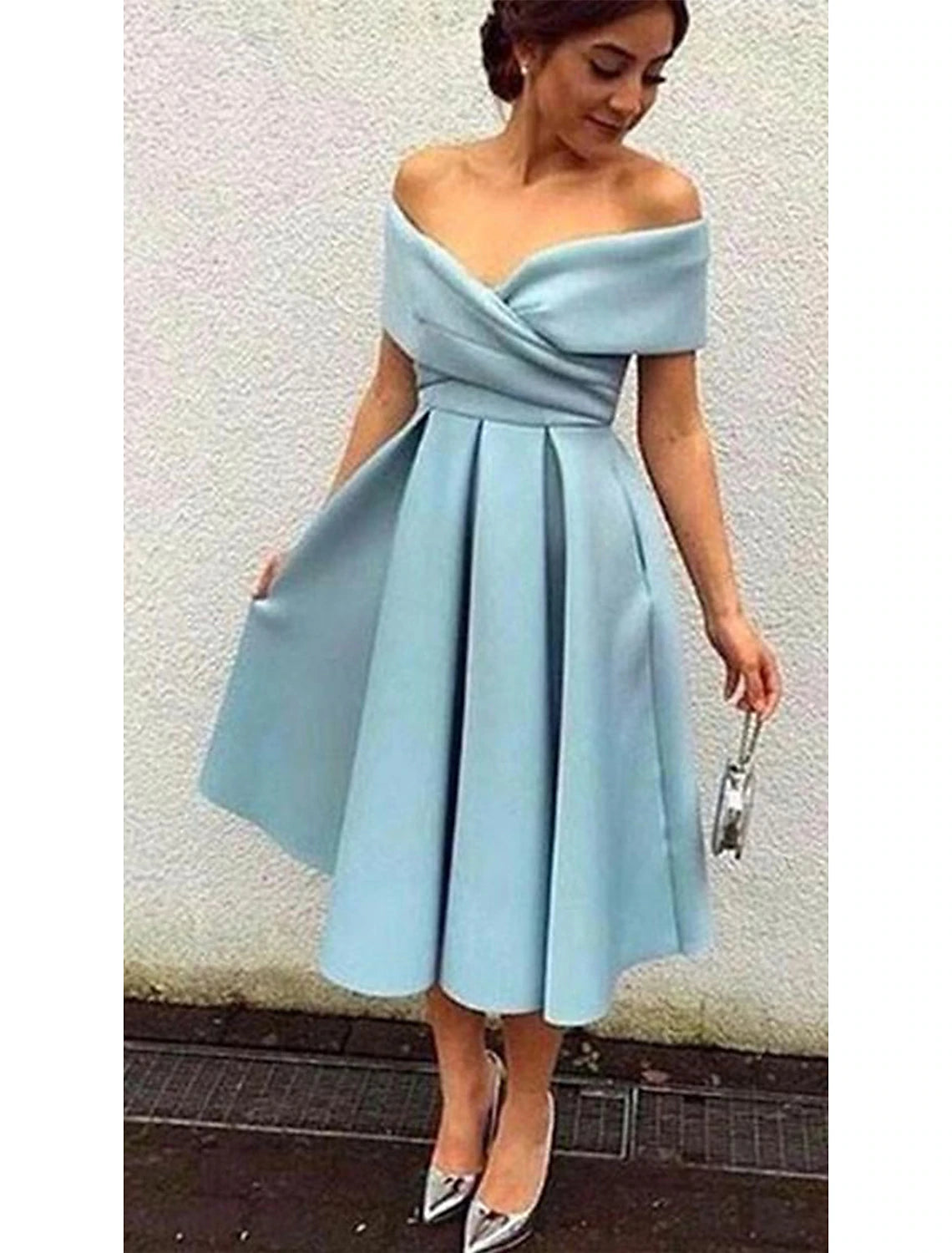 Abiti da cocktail a trapezio, anni '50, abiti da ballo, da sera, formali, lunghezza tè, maniche corte, scollo a V, tessuto, schiena a V con pieghe